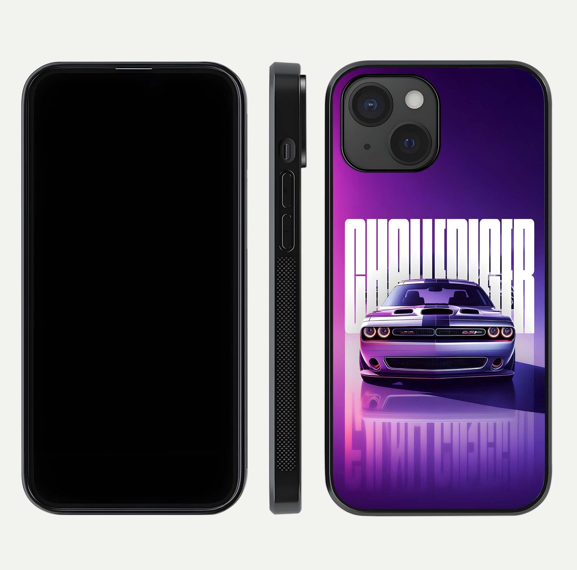 Midnight Muscle Ride Glass Case for iPhone 15 front & back layout with dark automotive tones and edges