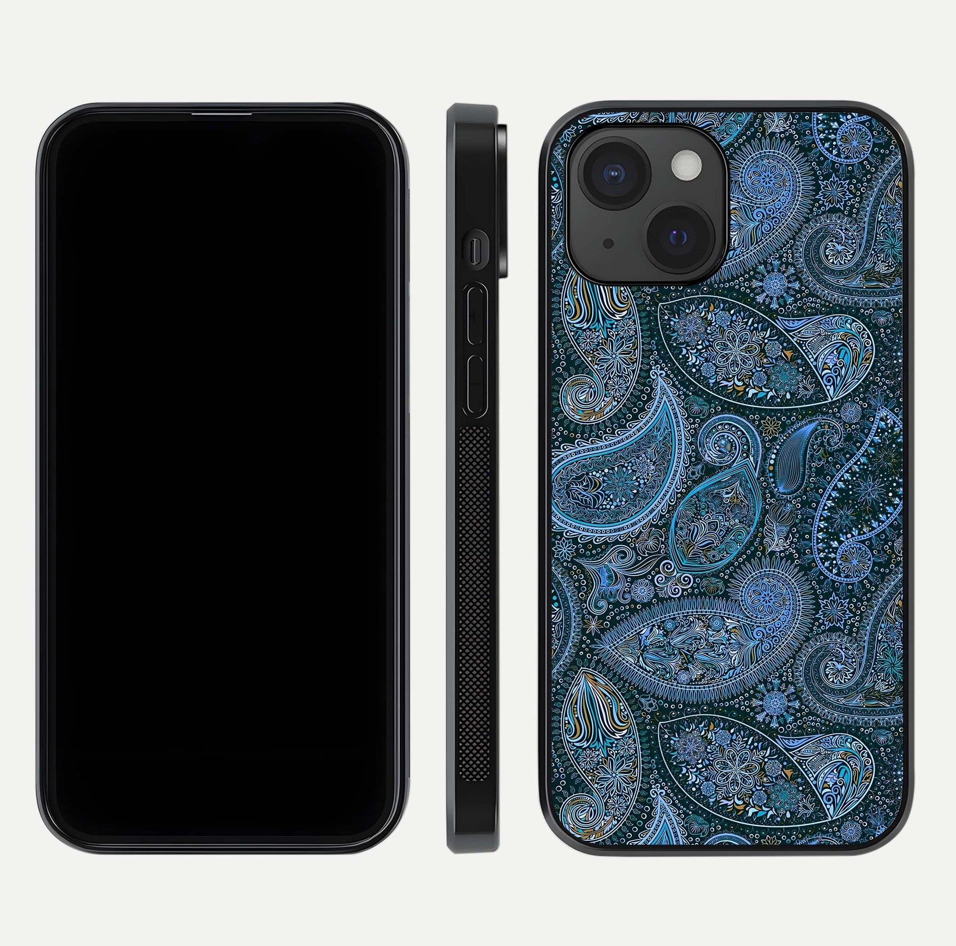 Midnight Paisley Glow Glass Case for iPhone 15 front & back layout highlighting elegant edge finish