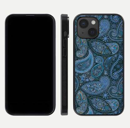 Midnight Paisley Glow Glass Case for iPhone 15 front & back layout highlighting elegant edge finish