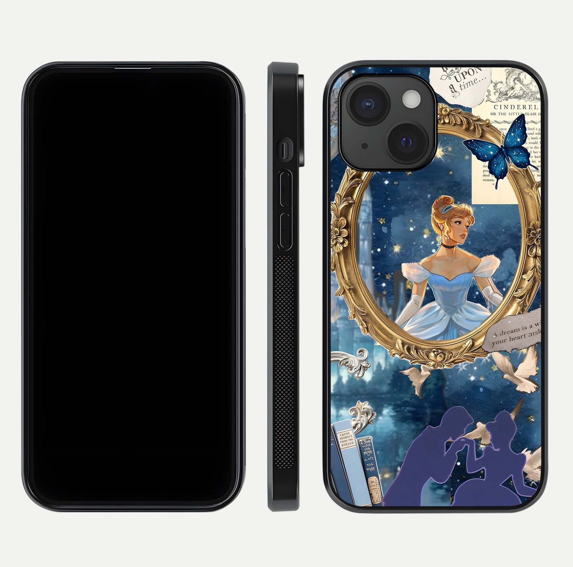 Midnight Queen Glass Case for iPhone 15 front & back layout displaying regal tones and smooth edges