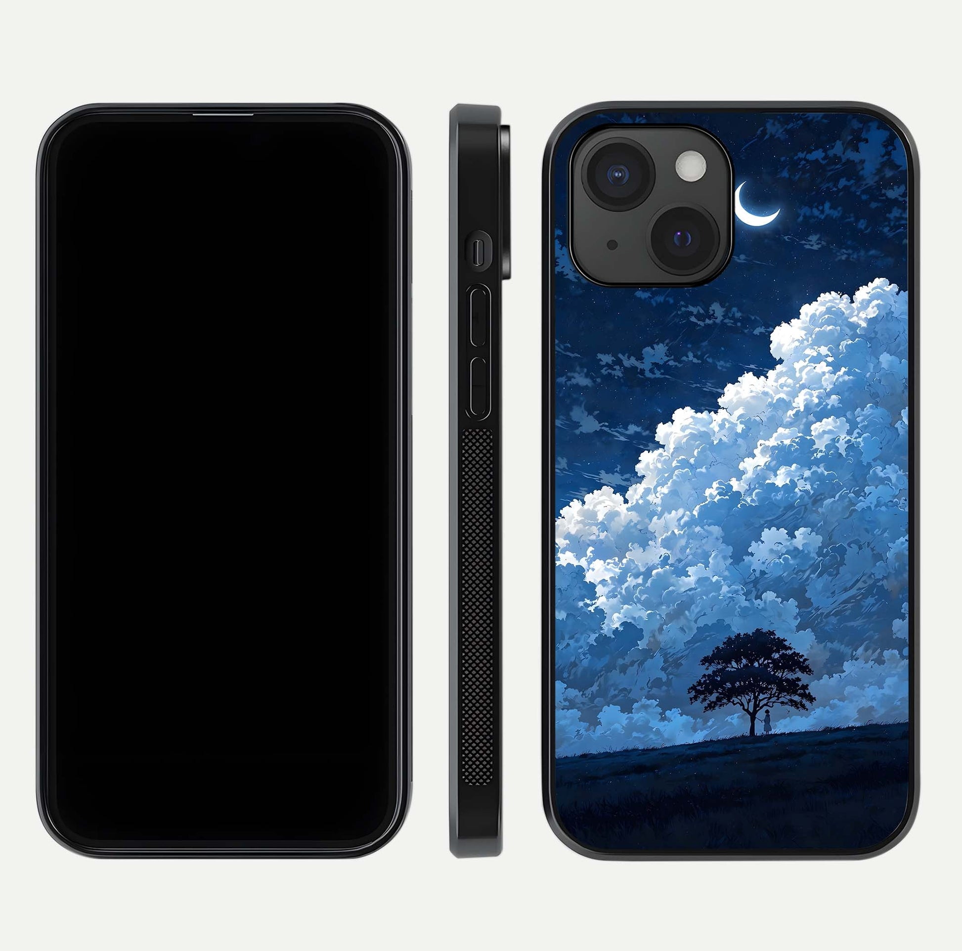 Midnight Sky Serenity Glass Case for iPhone 15 front & back layout highlighting celestial art and curves