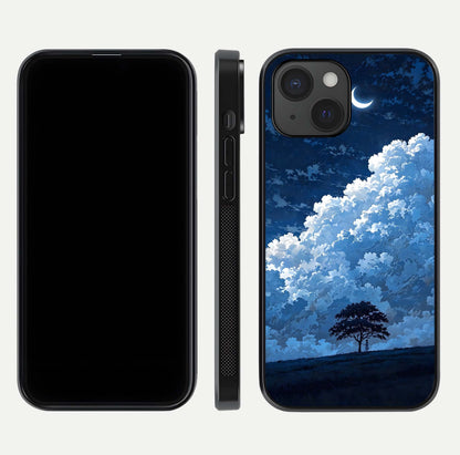 Midnight Sky Serenity Glass Case for iPhone 15 front & back layout highlighting celestial art and curves
