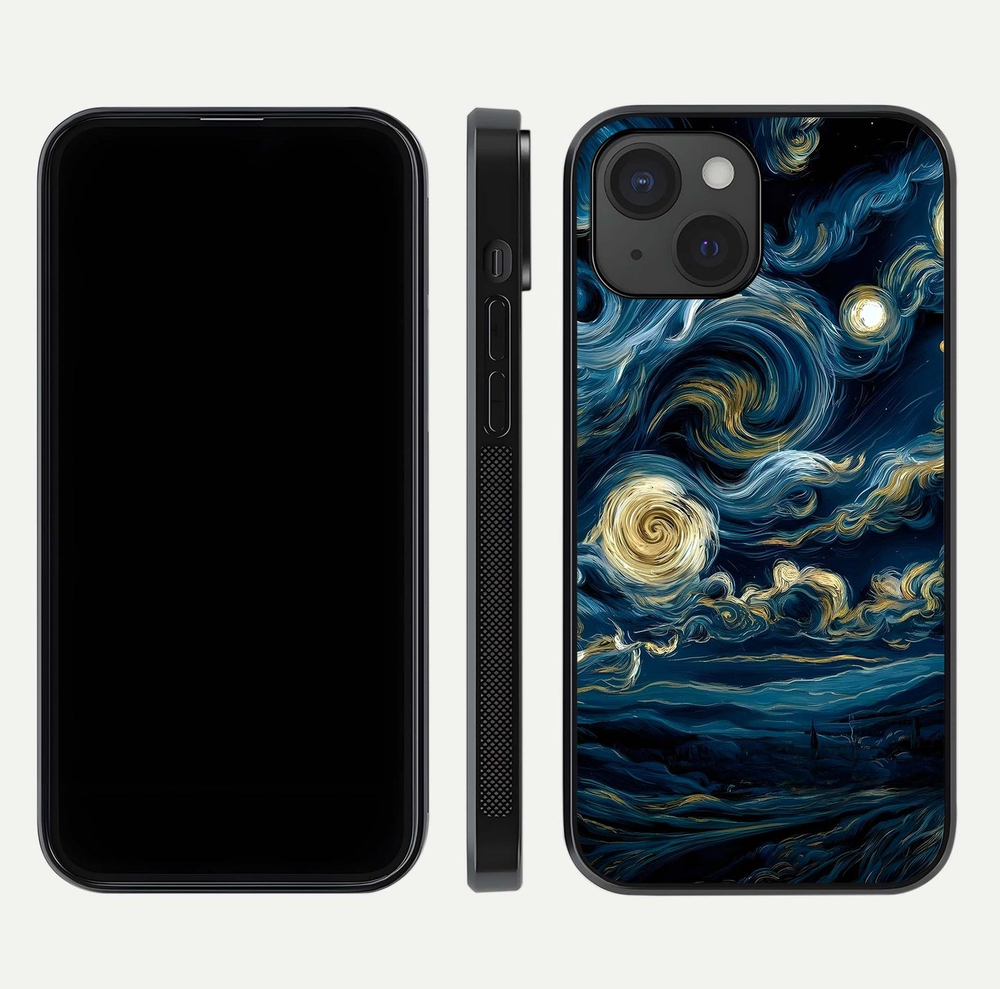Midnight Sky Whirl Glass Case for iPhone 15 front & back layout highlighting celestial movement art