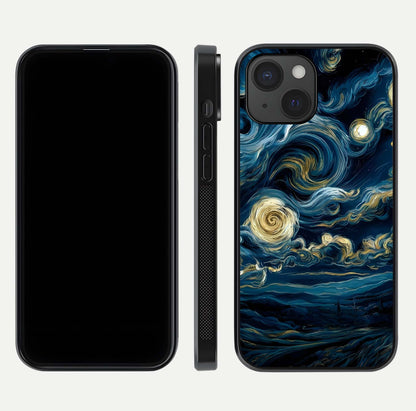 Midnight Sky Whirl Glass Case for iPhone 15 front & back layout highlighting celestial movement art