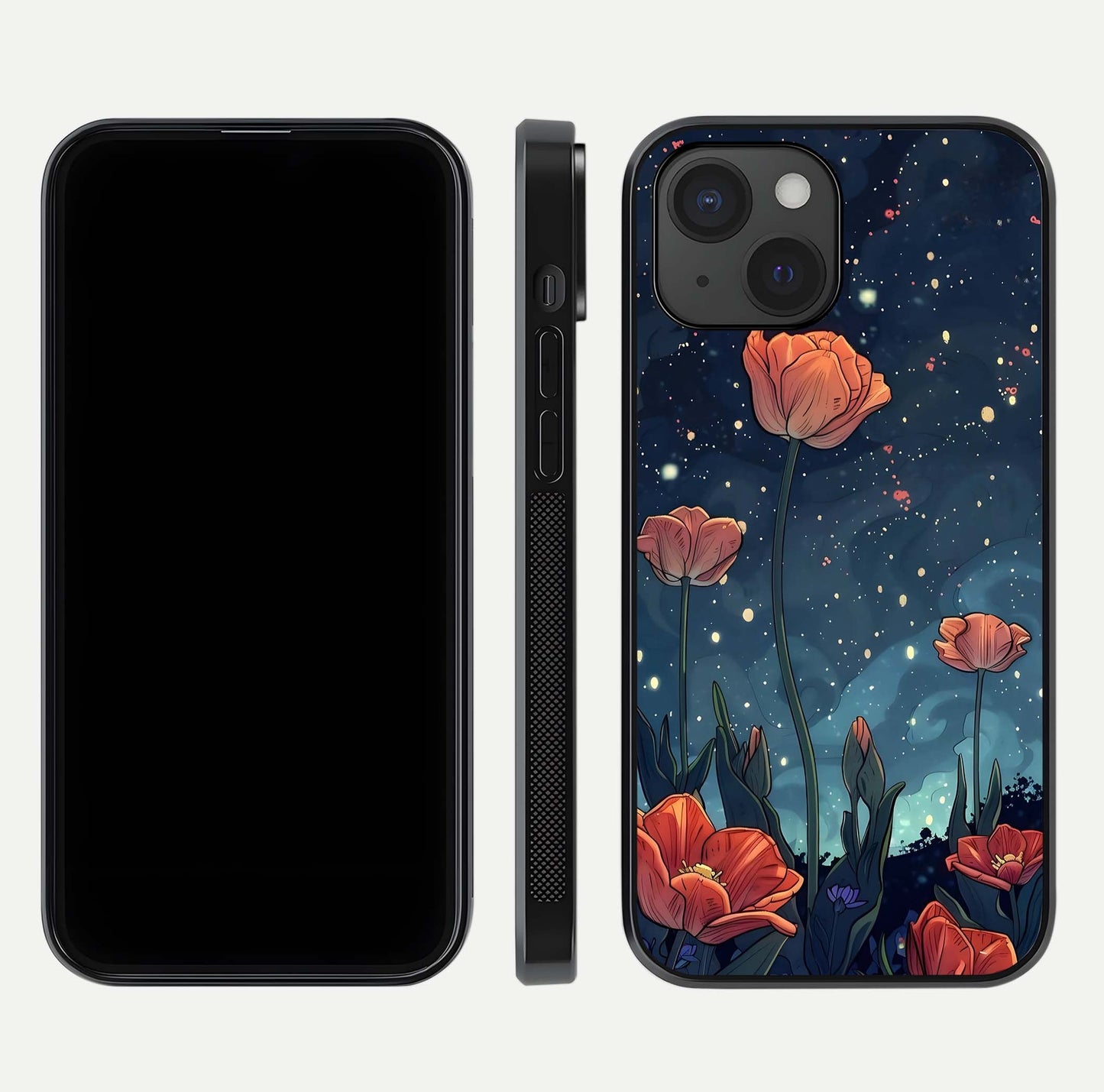 Midnight Tulip Glow Glass Case for iPhone 15 front & back layout highlighting floral glow and curved edges