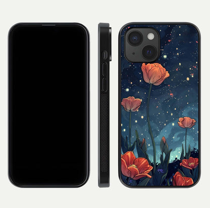 Midnight Tulip Glow Glass Case for iPhone 15 front & back layout highlighting floral glow and curved edges