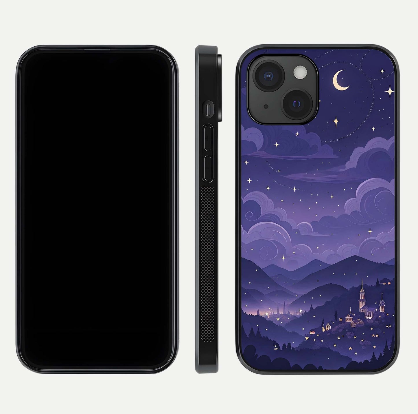 Minimal Night View Glass Case for iPhone 15 front & back layout highlighting minimal night vibe and curves