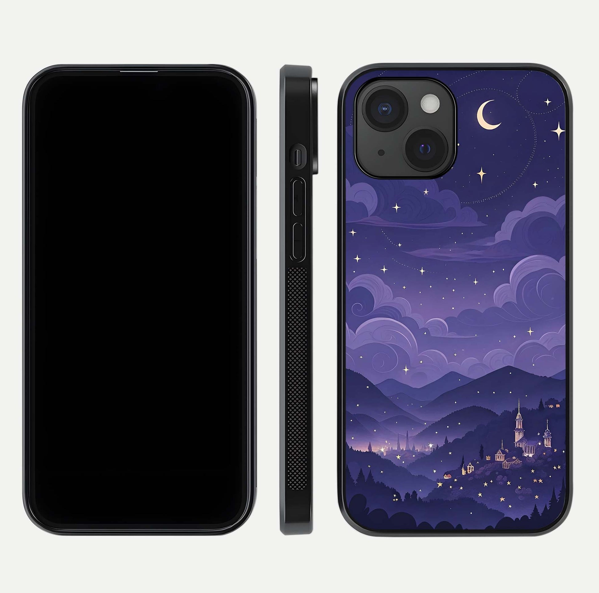 Minimal Night View Glass Case for iPhone 15 front & back layout highlighting minimal night vibe and curves