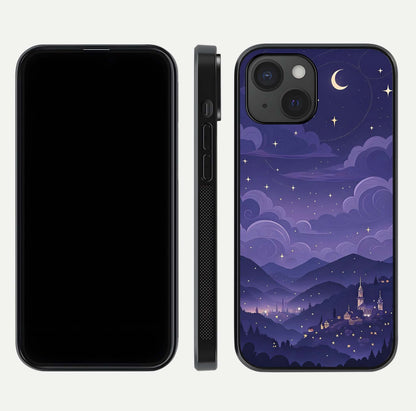 Minimal Night View Glass Case for iPhone 15 front & back layout highlighting minimal night vibe and curves