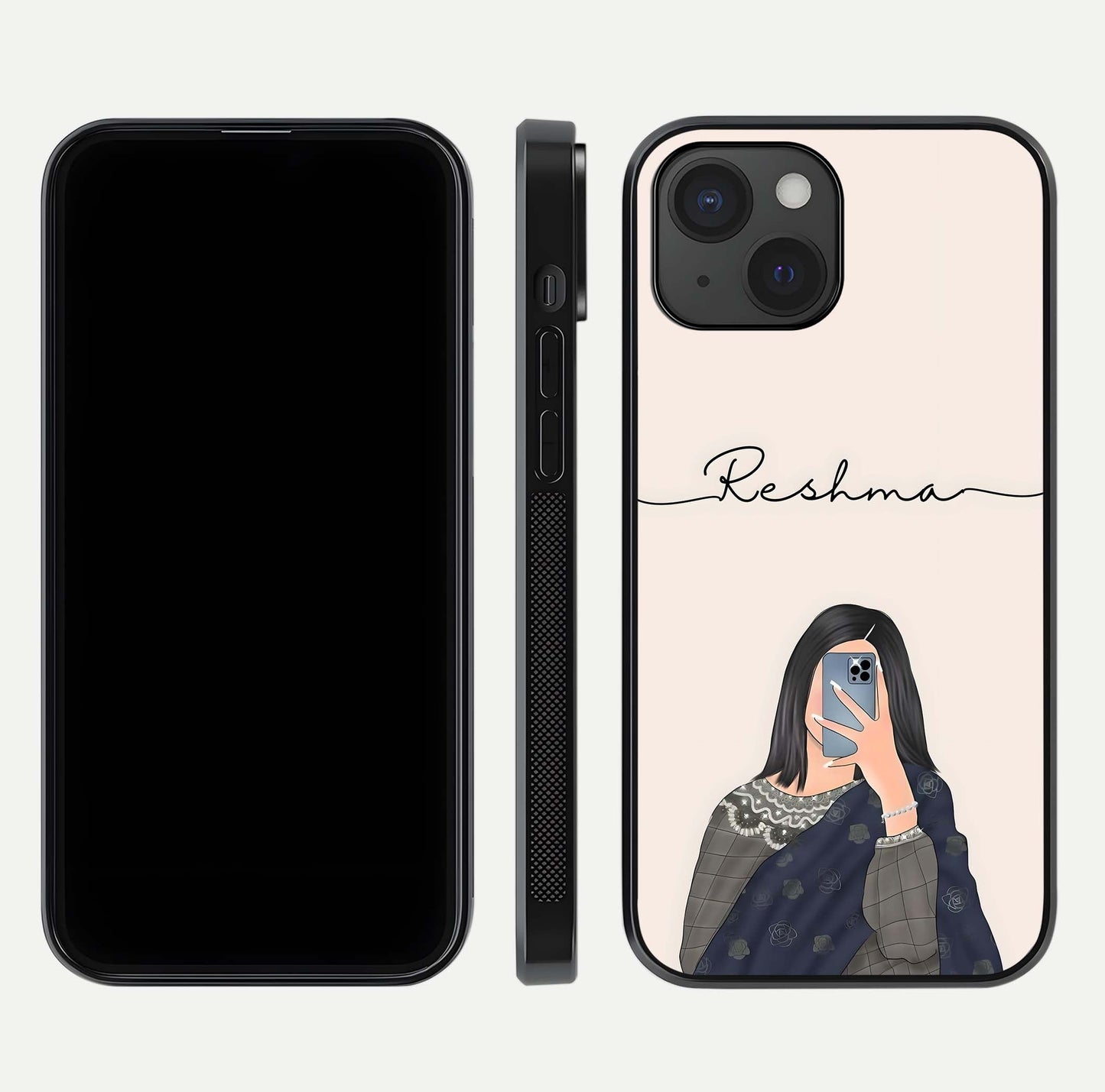 Mirror Mood Muse Custom Name Glass Case for iPhone 15 front & back layout showing personalized name placement