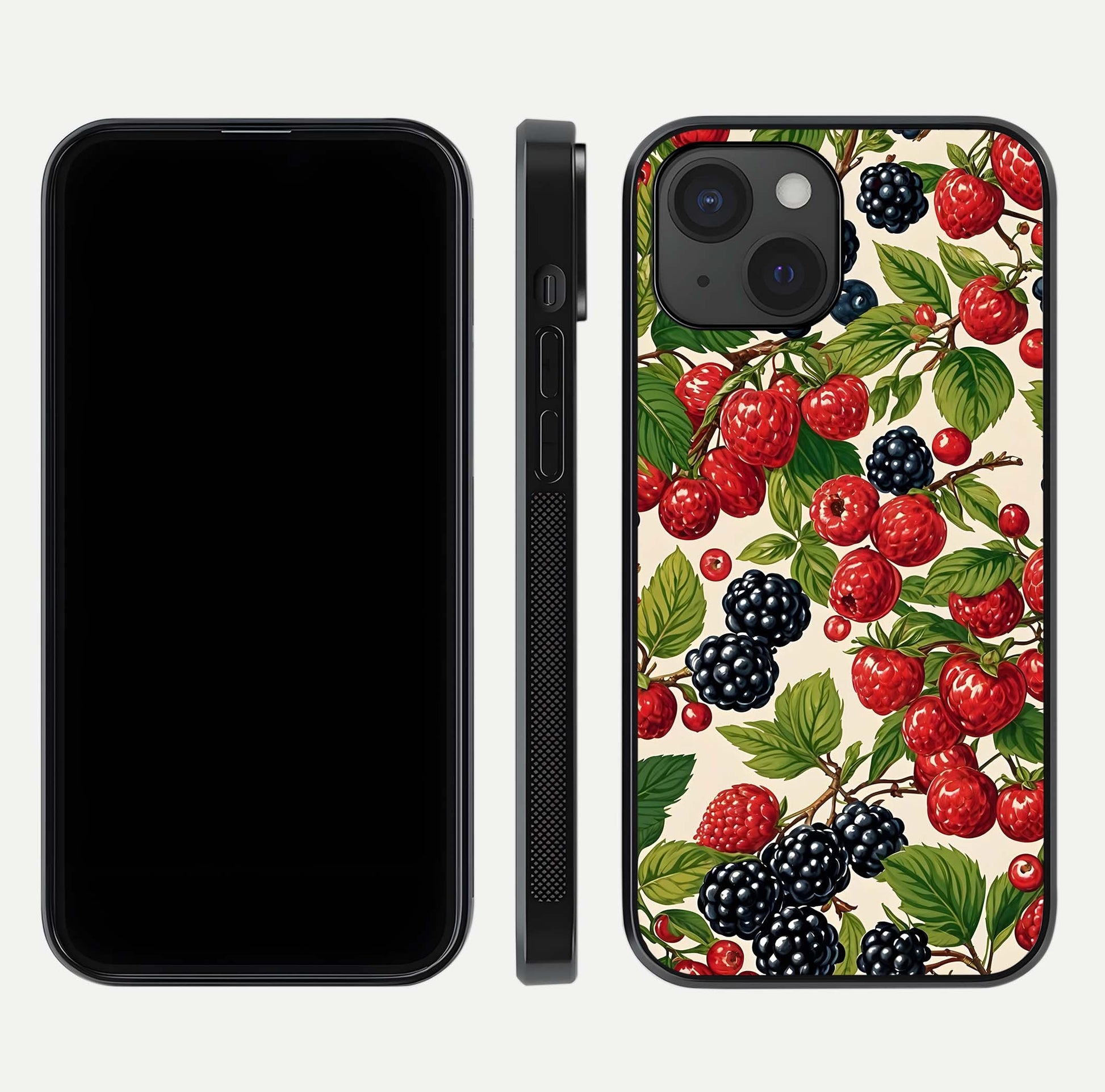 Mixed Berry Collage Glass Case for iPhone 15 front & back layout highlighting colorful art and curved edges