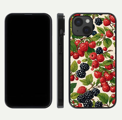Mixed Berry Collage Glass Case for iPhone 15 front & back layout highlighting colorful art and curved edges