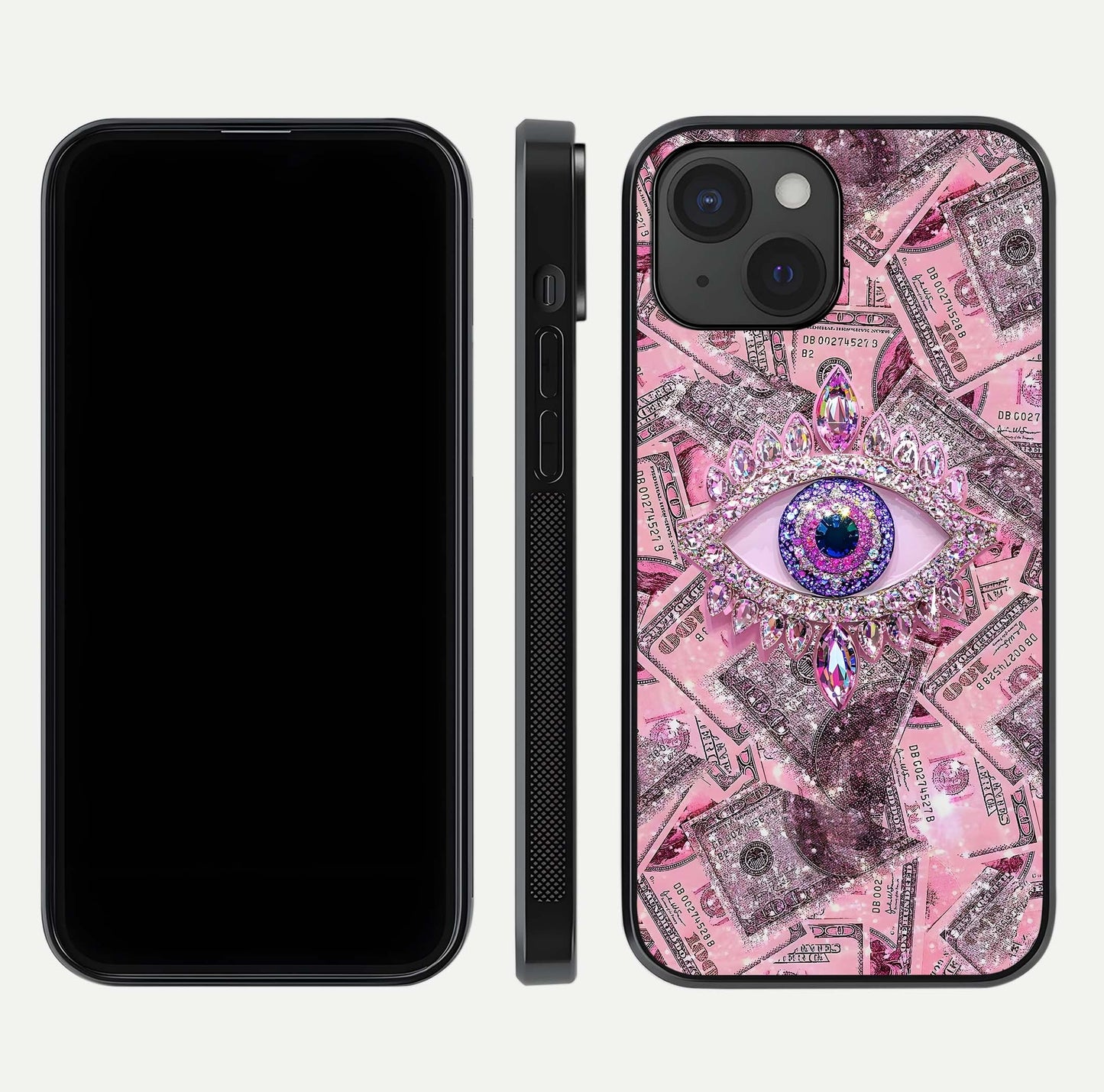Money Eye Luxe Glass Case for iPhone 15 front & back layout highlighting luxury edge design and bold art