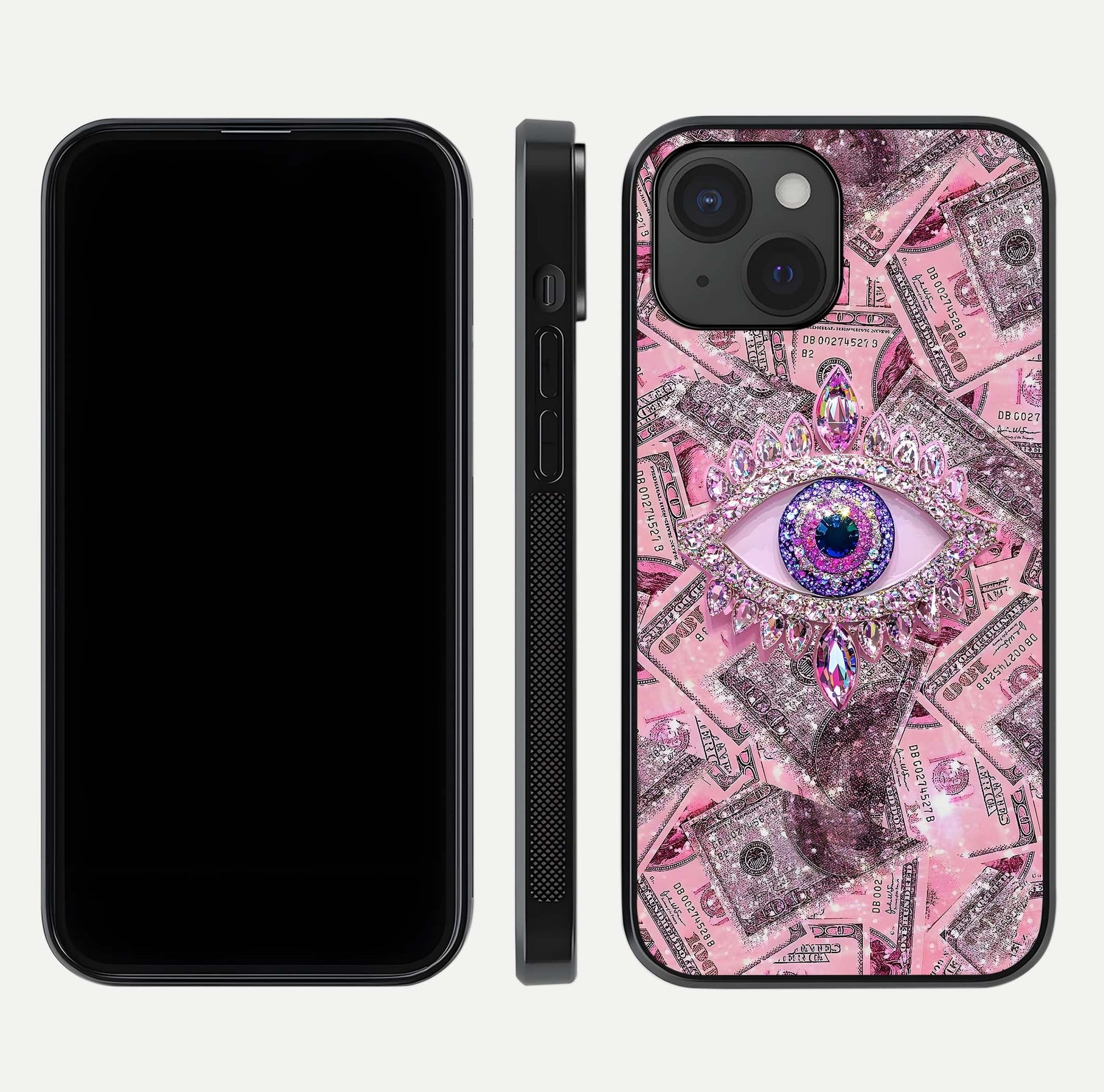 Money Eye Luxe Glass Case for iPhone 15 front & back layout highlighting luxury edge design and bold art