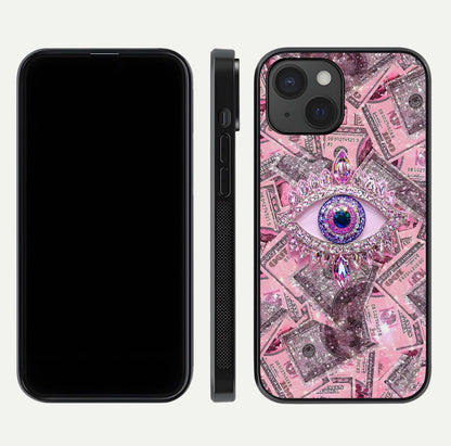 Money Eye Luxe Glass Case for iPhone 15 front & back layout highlighting luxury edge design and bold art