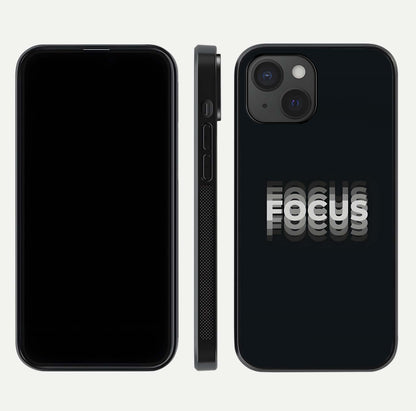 Mono Focus Vision Glass Case for iPhone 15 front & back layout showing clean focus lines and curved edges
