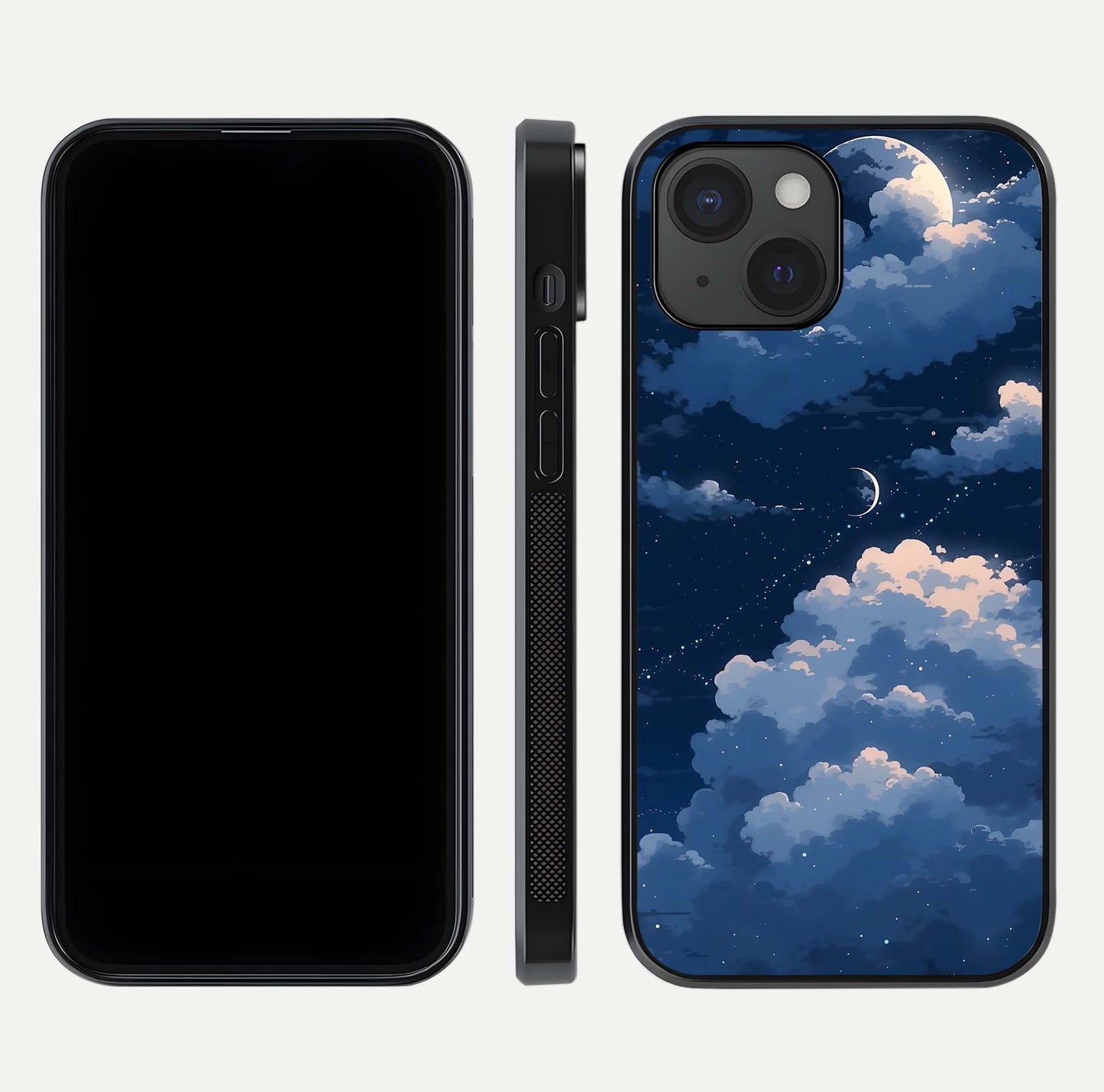Moon Dream Haze Glass Case for iPhone 15 front & back layout highlighting dreamy design and curved shape