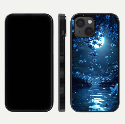 Moonlight Petal Dream Glass Case for iPhone 15 front & back layout highlighting soft pastel tones
