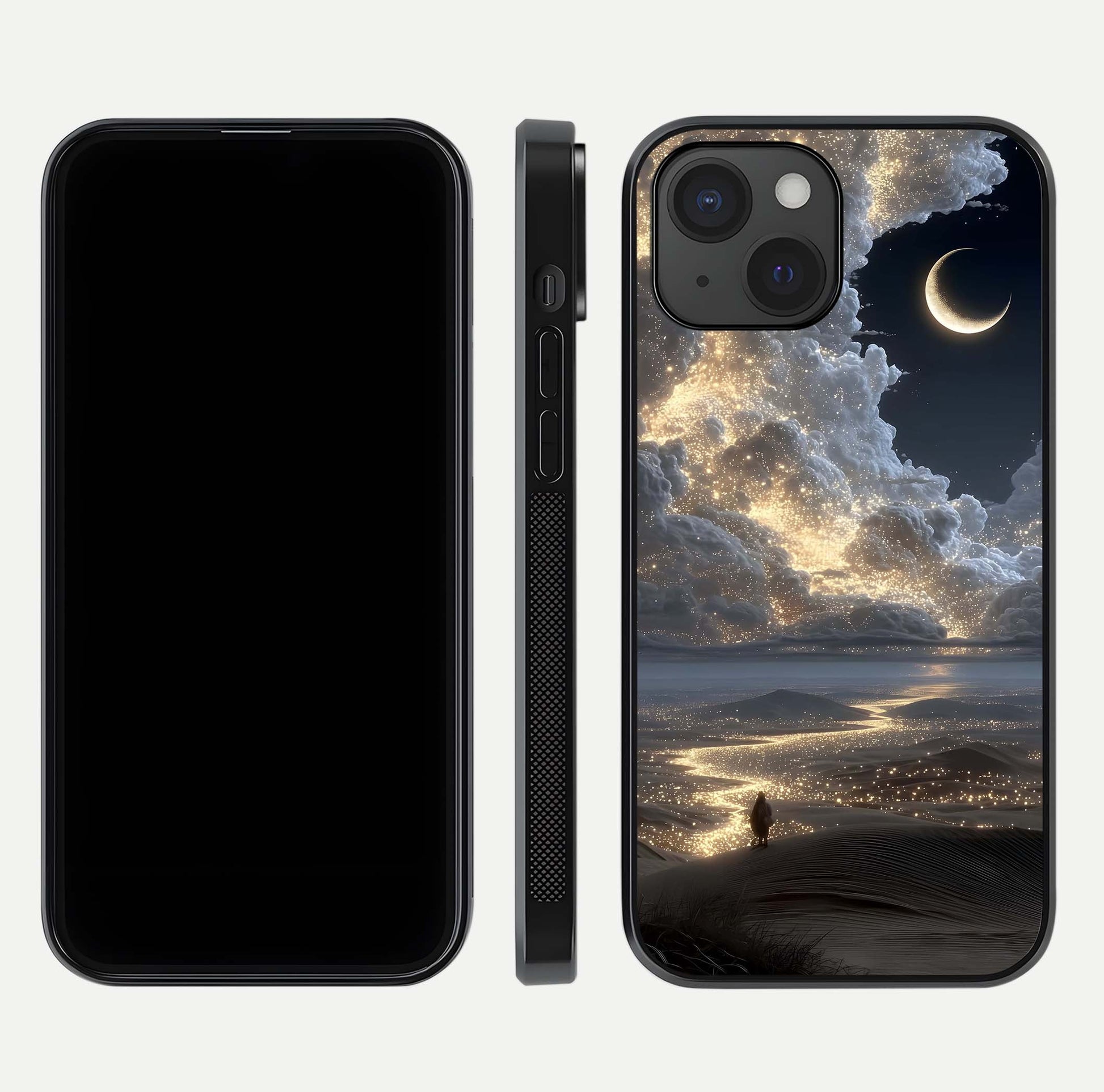 Moonlight Spark Path Glass Case for iPhone 15 front & back layout highlighting calm tones and sleek edges