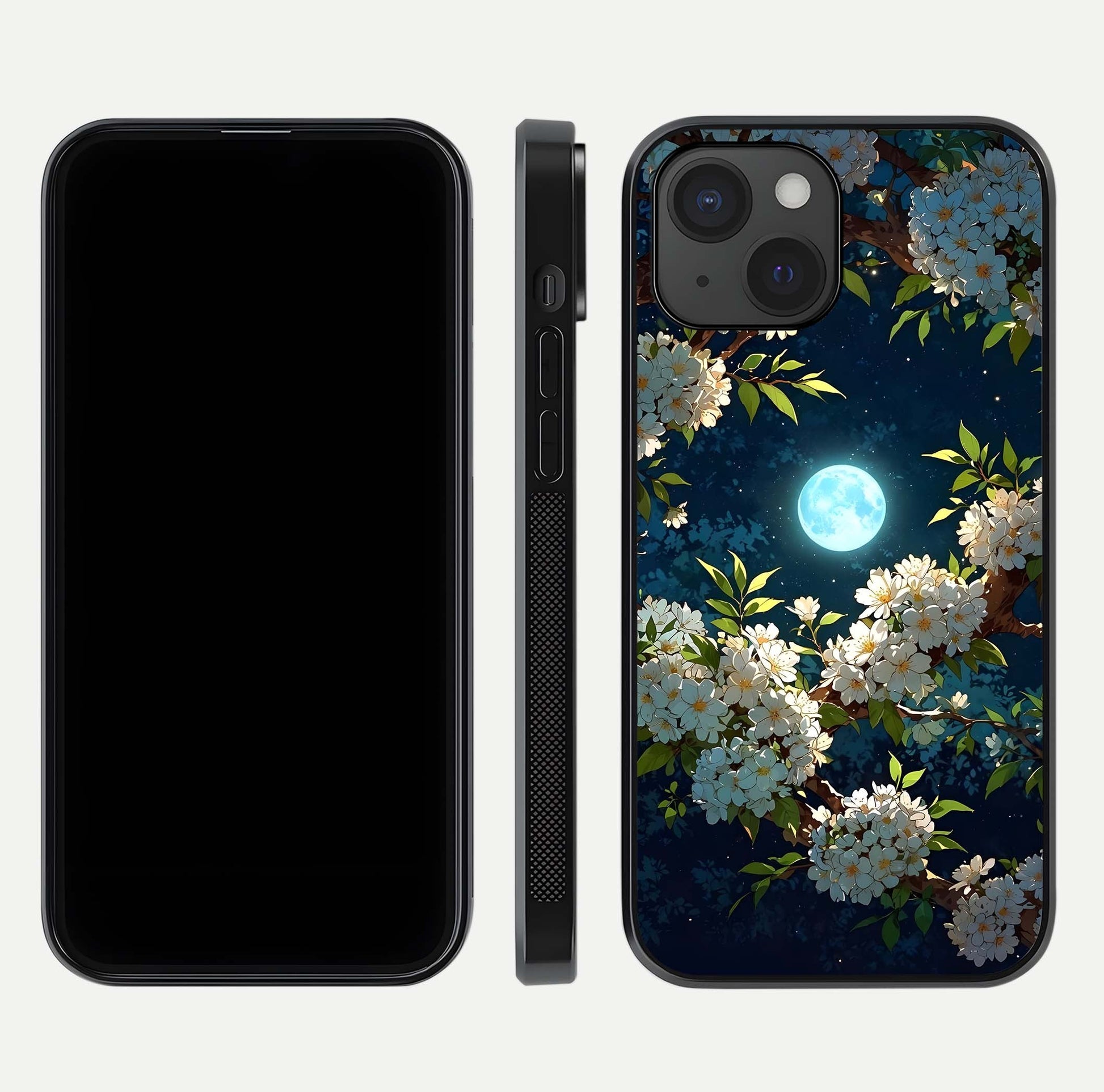 Moonlit Blossom Dream Glass Case for iPhone 15 front & back layout highlighting moonlit tones and edges