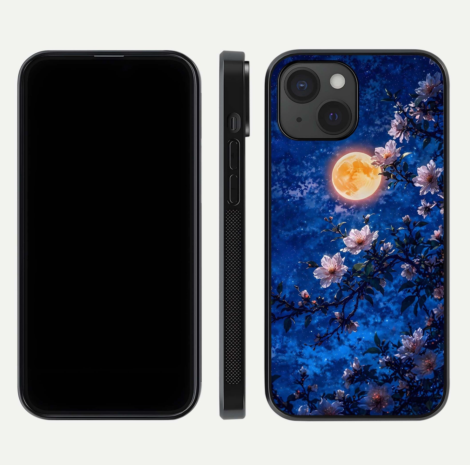 Moonlit Blossoms Night Glass Case for iPhone 15 front & back layout highlighting moonlit tones and curved edges