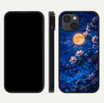 Moonlit Blossoms Night Glass Case for iPhone 15 front & back layout highlighting moonlit tones and curved edges