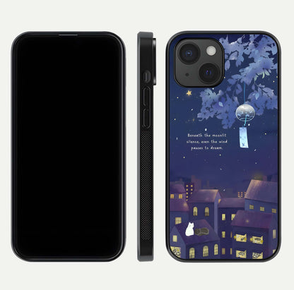 Moonlit Cat Silence Glass Case for iPhone 15 front & back layout highlighting calm tones and edge detail
