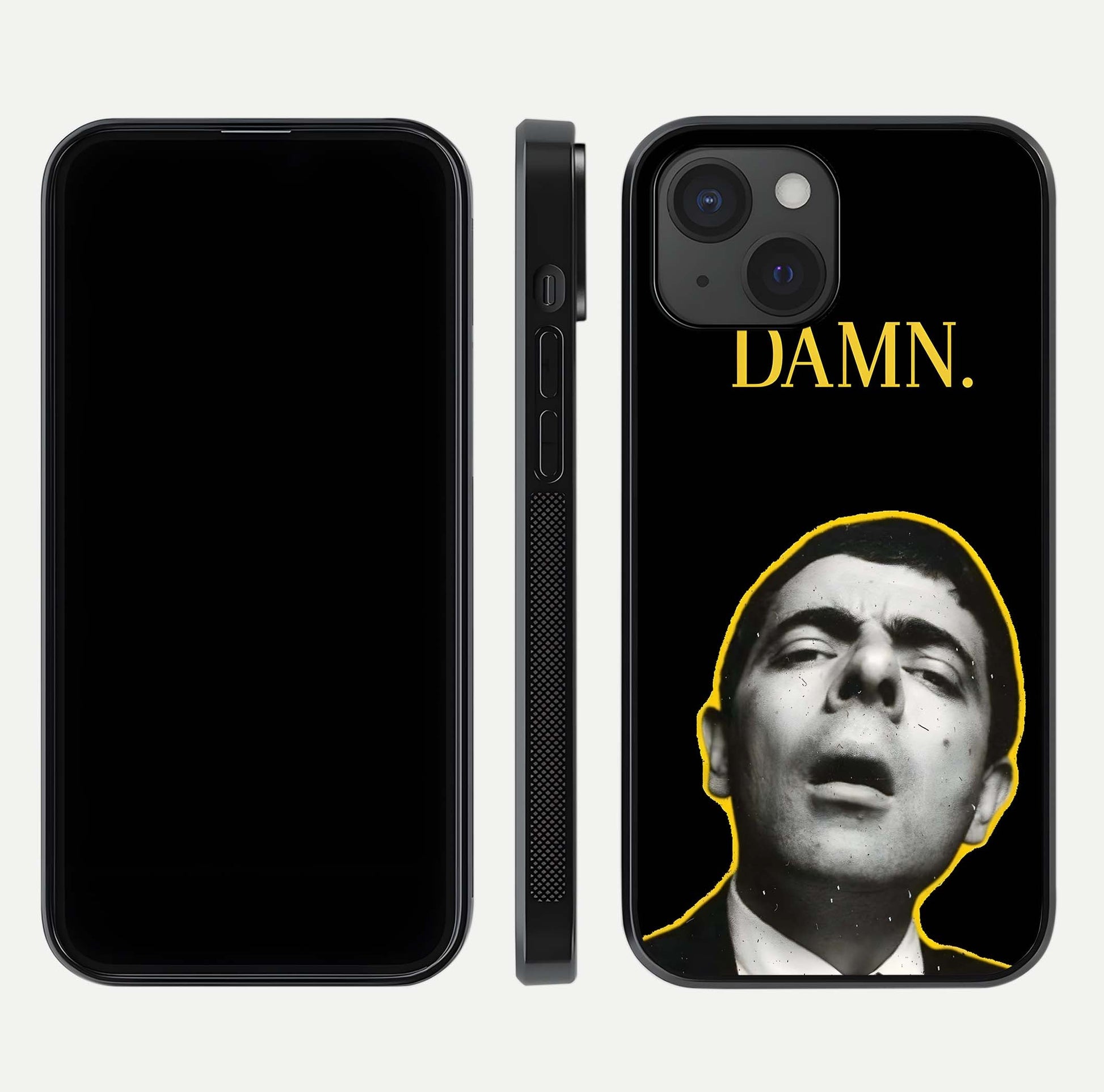 Mr Bean Damn Glass Case for iPhone 15 front & back layout displaying fun artwork and curved smooth edges