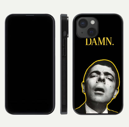 Mr Bean Damn Glass Case for iPhone 15 front & back layout displaying fun artwork and curved smooth edges