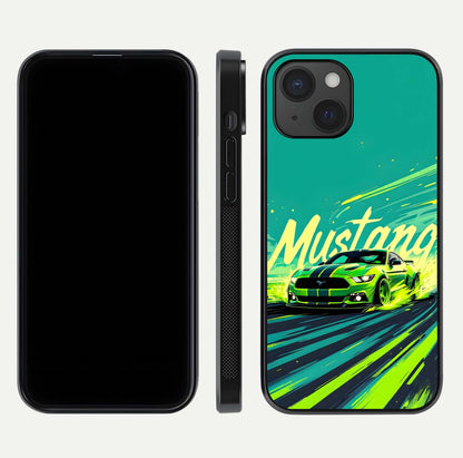 Mustang Bang Glass Case for iPhone 15 front & back layout highlighting dark automotive tones and edge detail