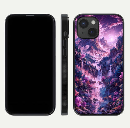 Mystic Cascade Peaks Glass Case for iPhone 15 front & back layout highlighting HD landscape tones