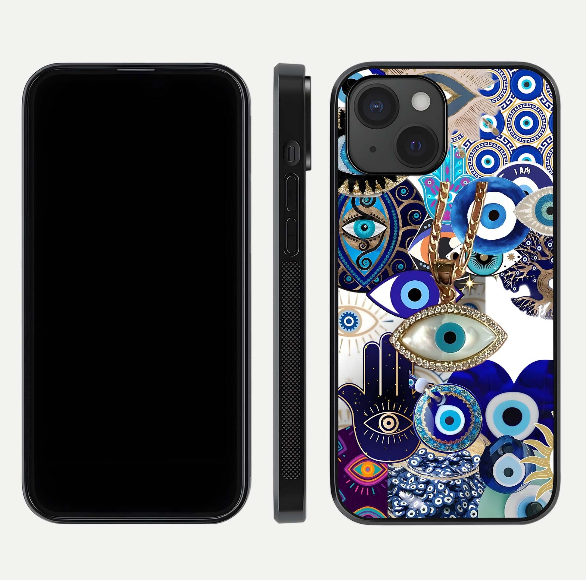 Mystic Charm Eye Glass Case for iPhone 15 front & back layout highlighting spiritual design and edges