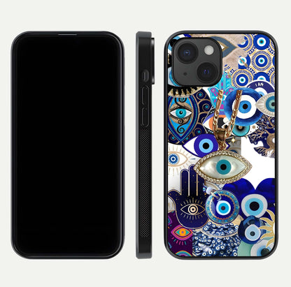 Mystic Charm Eye Glass Case for iPhone 15 front & back layout highlighting spiritual design and edges