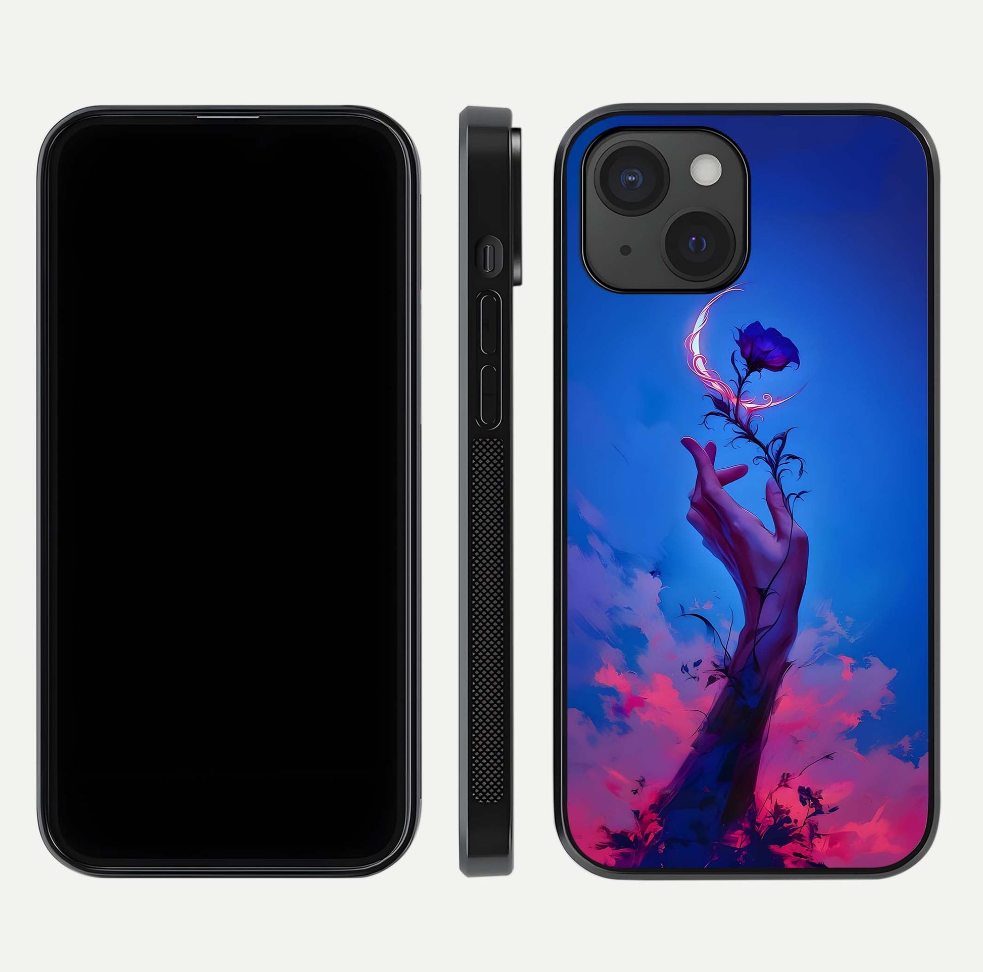 Mystic Hand Glass Case for iPhone 15 front & back layout highlighting mystic design and smooth edges