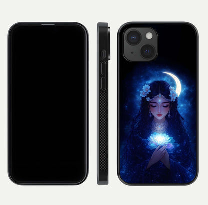 Mystic Moon Queen Glass Case for iPhone 15 front & back layout highlighting divine illustration and edges
