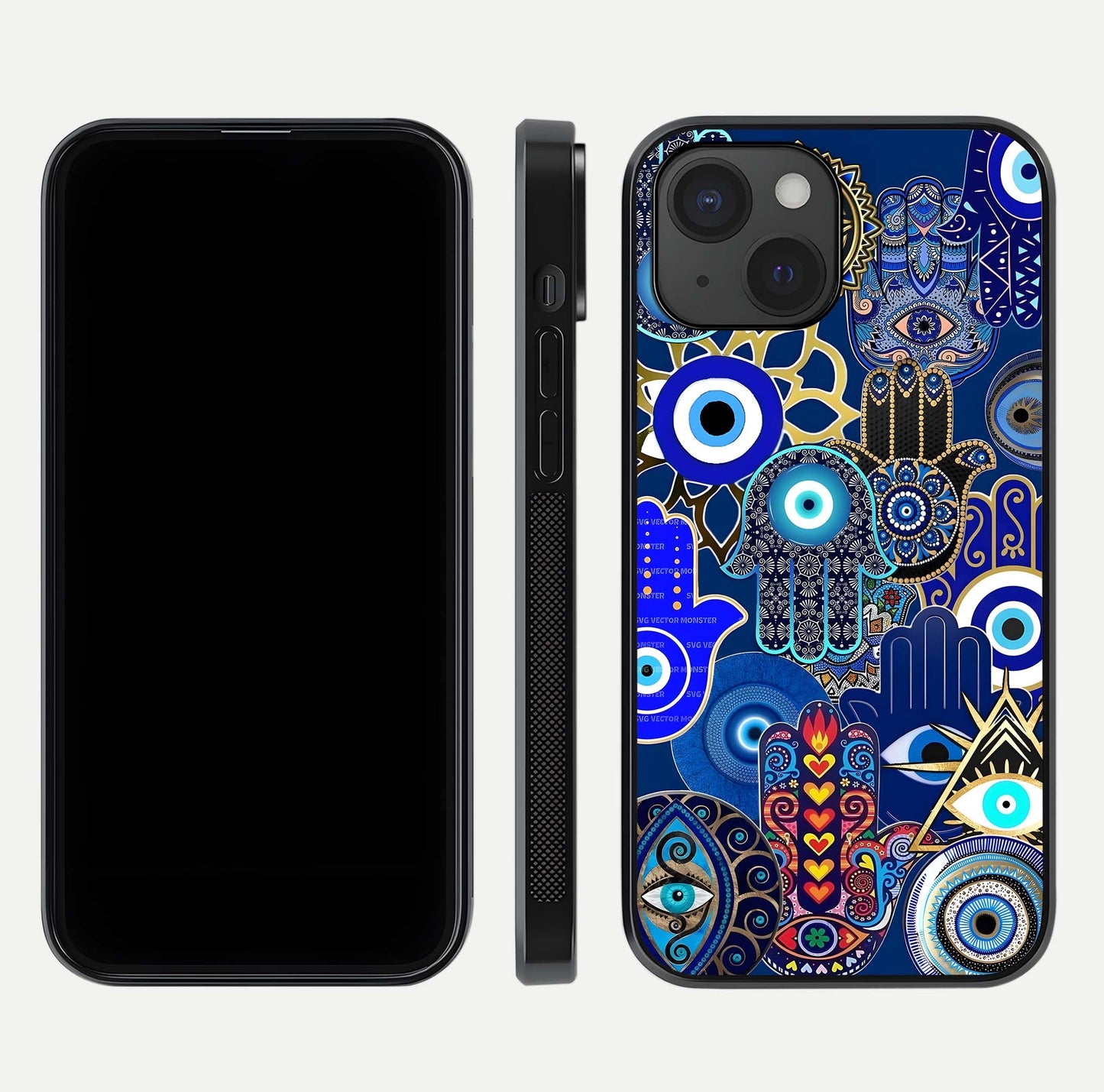 Mystic Palm Guard Glass Case for iPhone 15 front & back layout highlighting spiritual art and edge finish