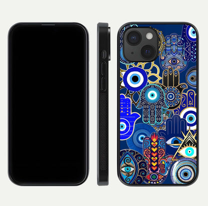 Mystic Palm Guard Glass Case for iPhone 15 front & back layout highlighting spiritual art and edge finish