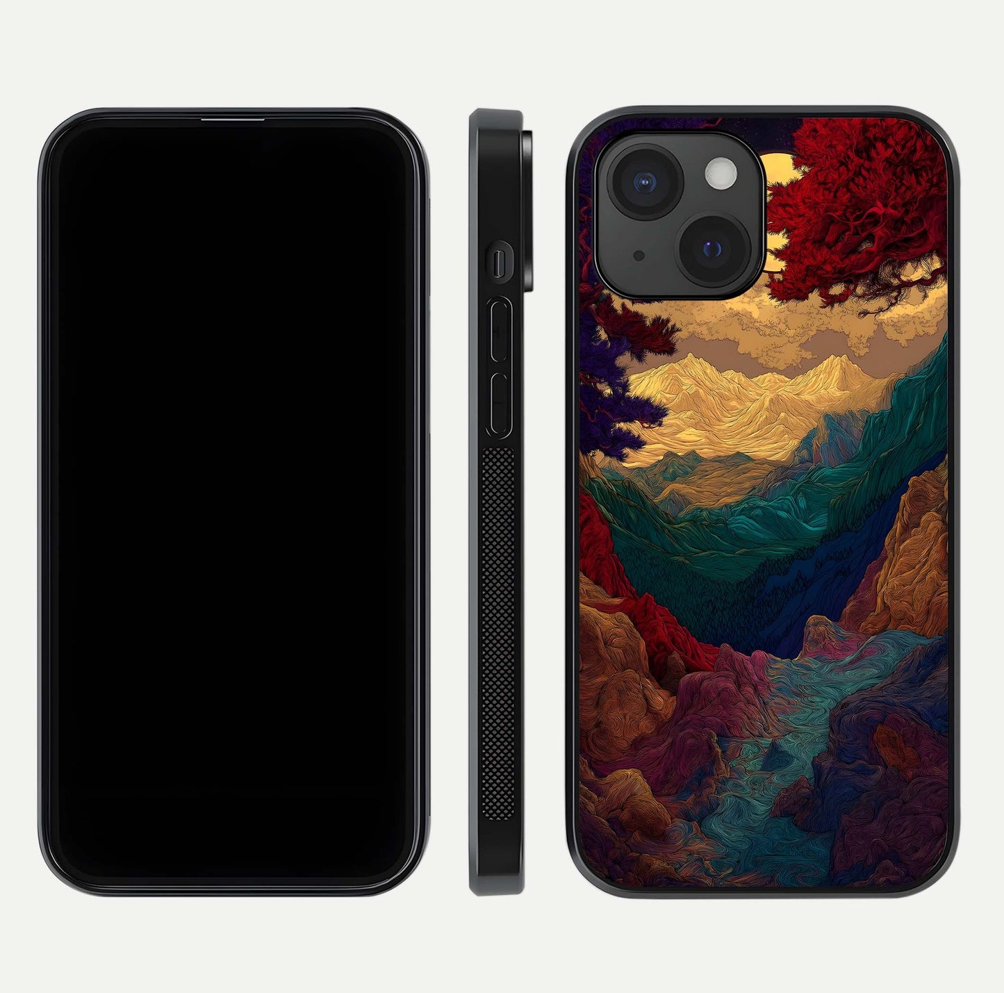 Mystic Valley Light Glass Case for iPhone 15 front & back layout displaying landscape tones and edges