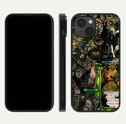 Mystic Woods Secret Glass Case for iPhone 15 front & back layout showing nature theme and smooth edges