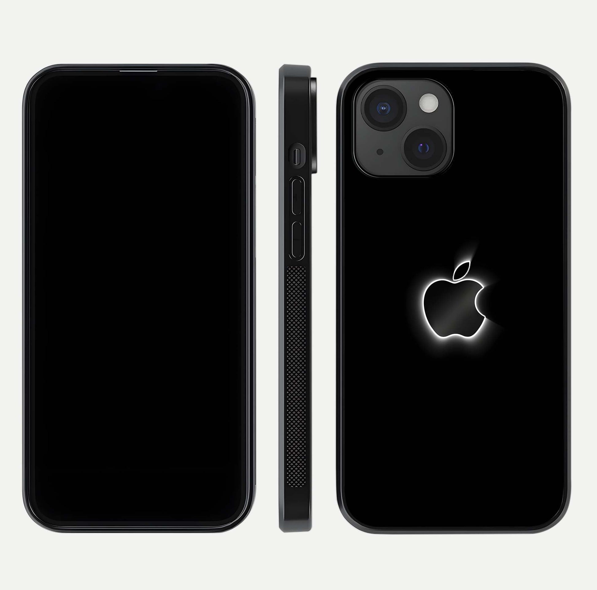 Neon Apple Glow Glass Case for iPhone 15 front & back layout showing bright tones and edge curve