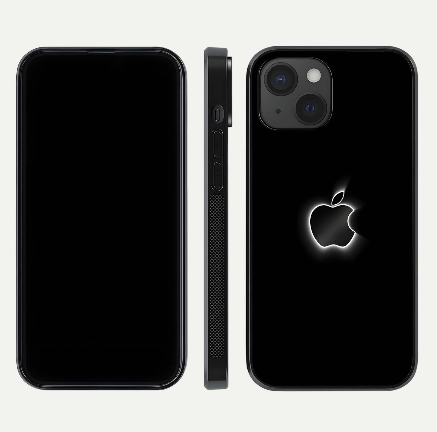 Neon Apple Glow Glass Case for iPhone 15 front & back layout showing bright tones and edge curve
