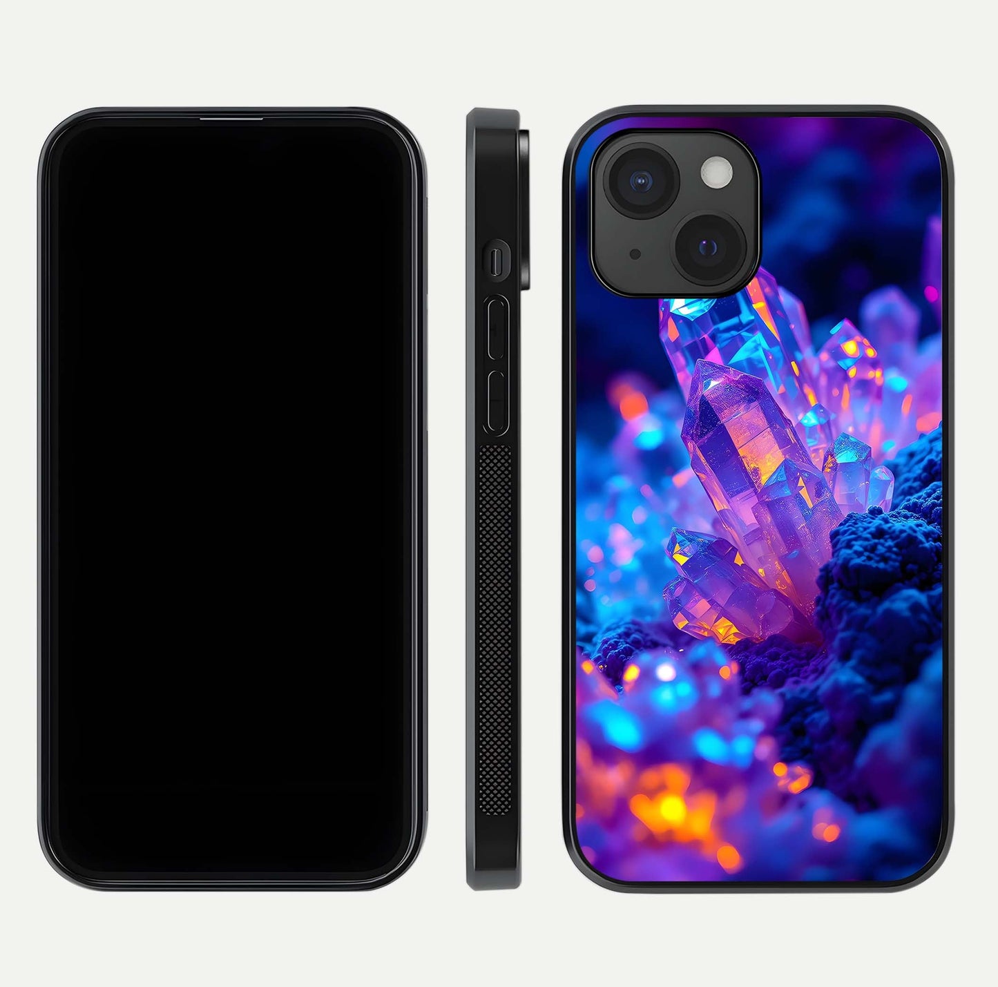 Neon Aura Shards Glass Case for iPhone 15 front & back layout showing vivid tones and edge finish