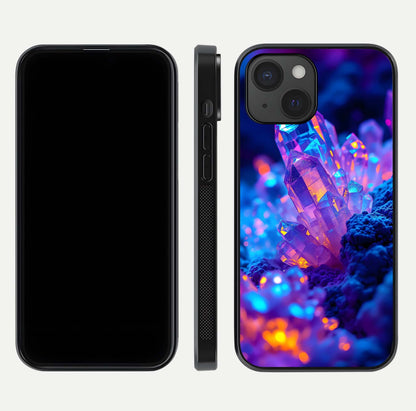 Neon Aura Shards Glass Case for iPhone 15 front & back layout showing vivid tones and edge finish