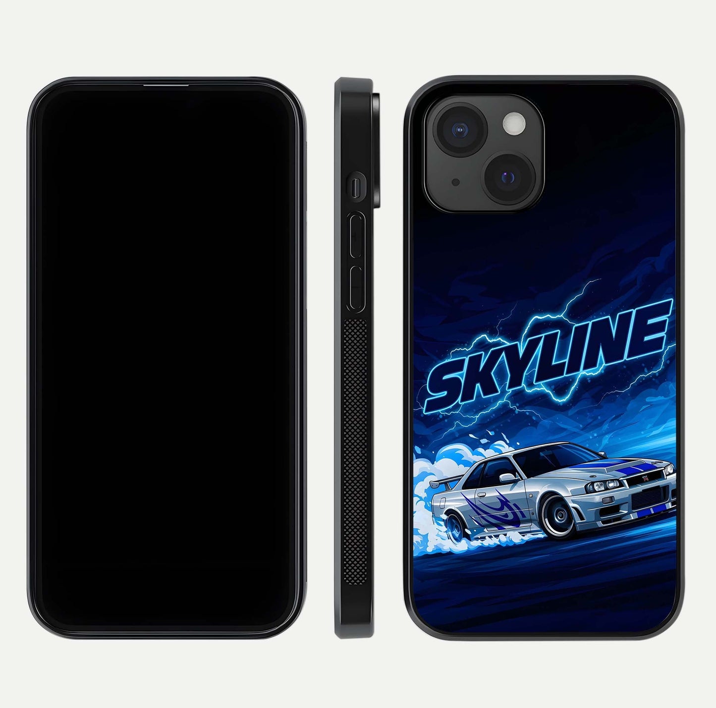 Neon Drift Beast Glass Case for iPhone 15 front & back layout showing car silhouette and edge design