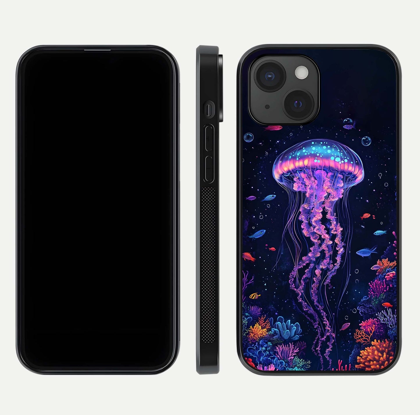 Neon Jellyfish Glass Case for iPhone 15 front & back layout highlighting HD marine art and curved edges