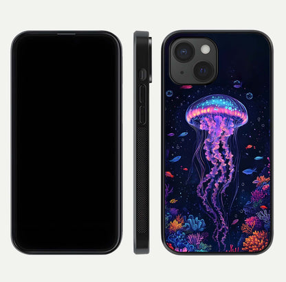 Neon Jellyfish Glass Case for iPhone 15 front & back layout highlighting HD marine art and curved edges