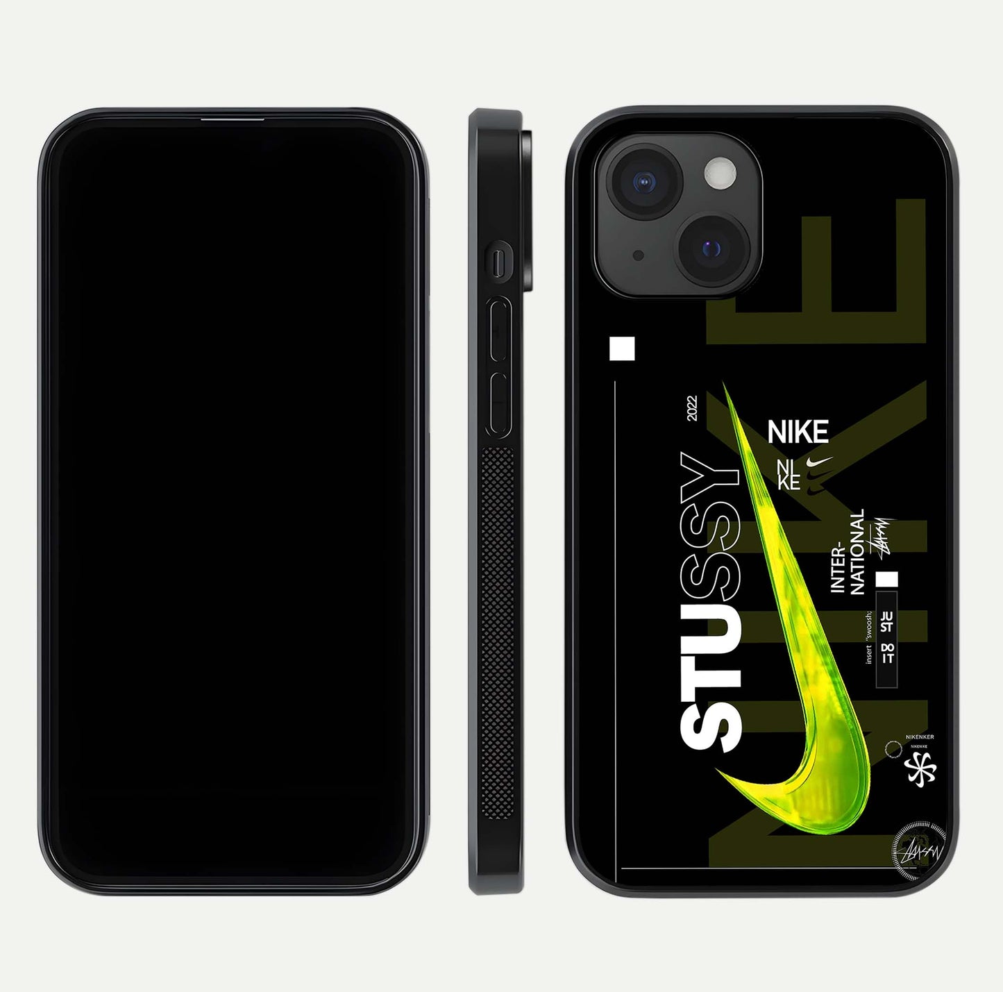 Neon Street Edition Glass Case for iPhone 15 front & back layout highlighting street art vibe and edges