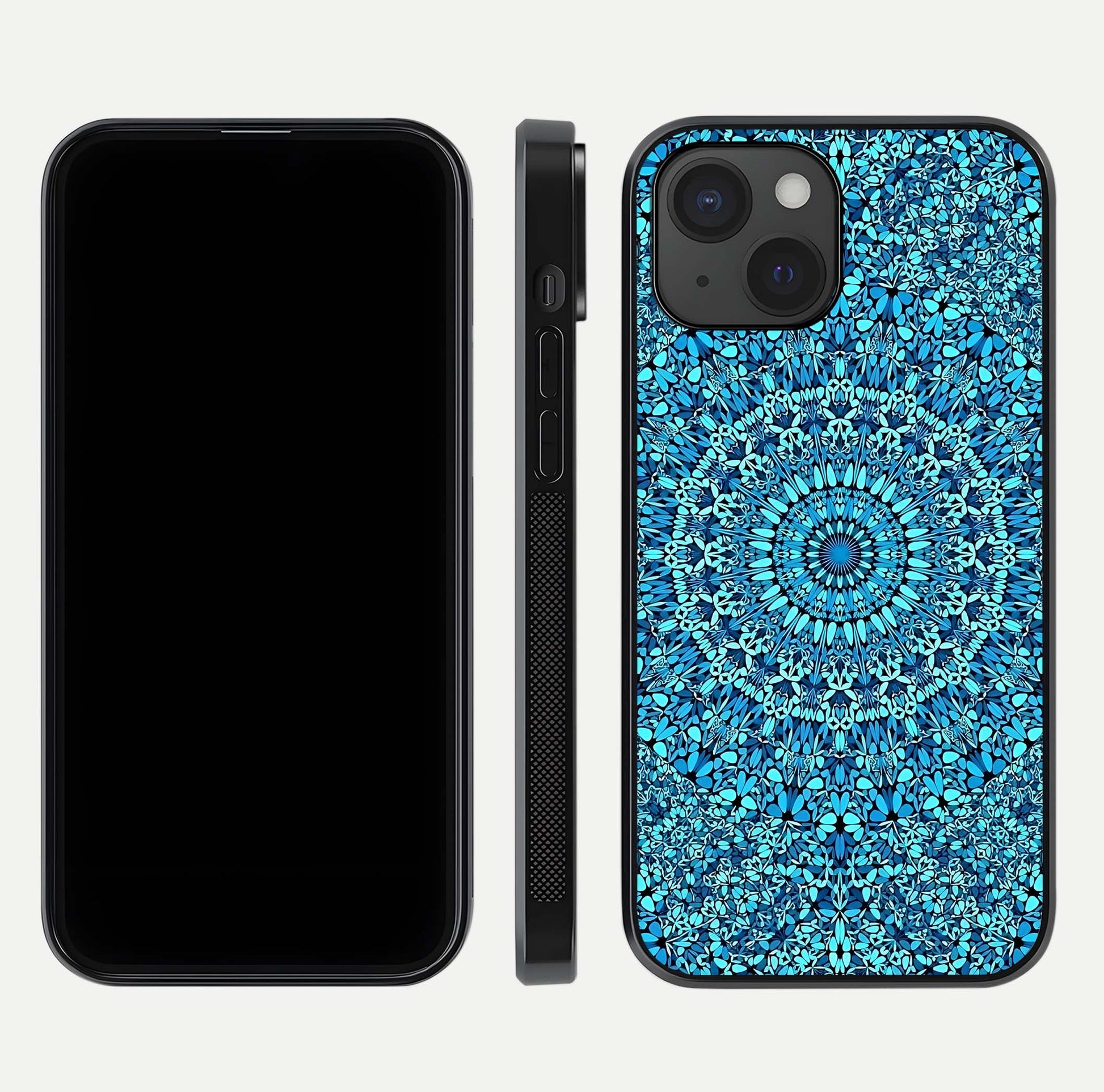 Ocean Bloom Mandala Glass Case for iPhone 15 front & back layout showing ocean tone design and edges