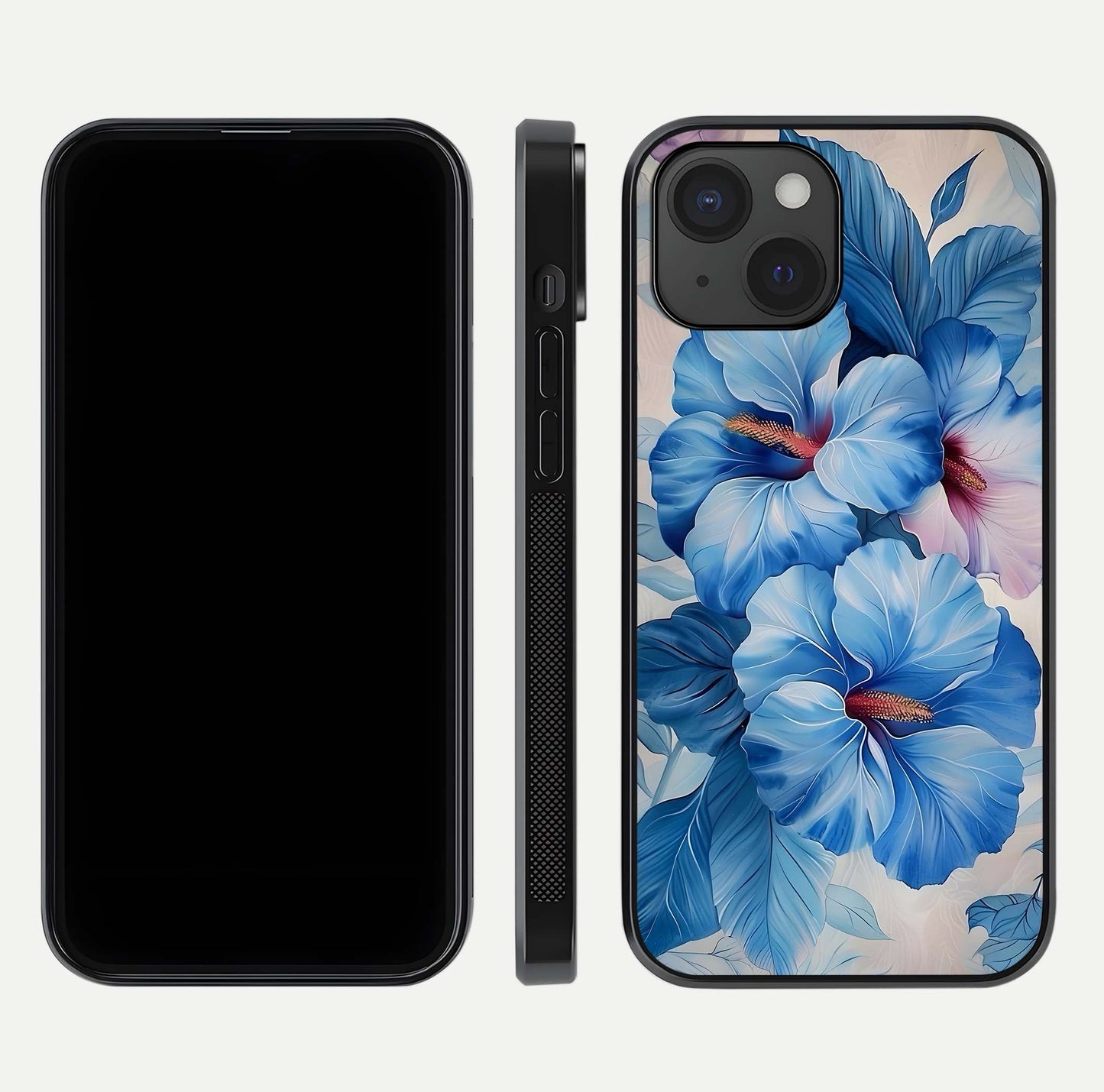 Ocean Hibiscus Grace Glass Case for iPhone 15 front & back layout showing vibrant oceanic tones and curves