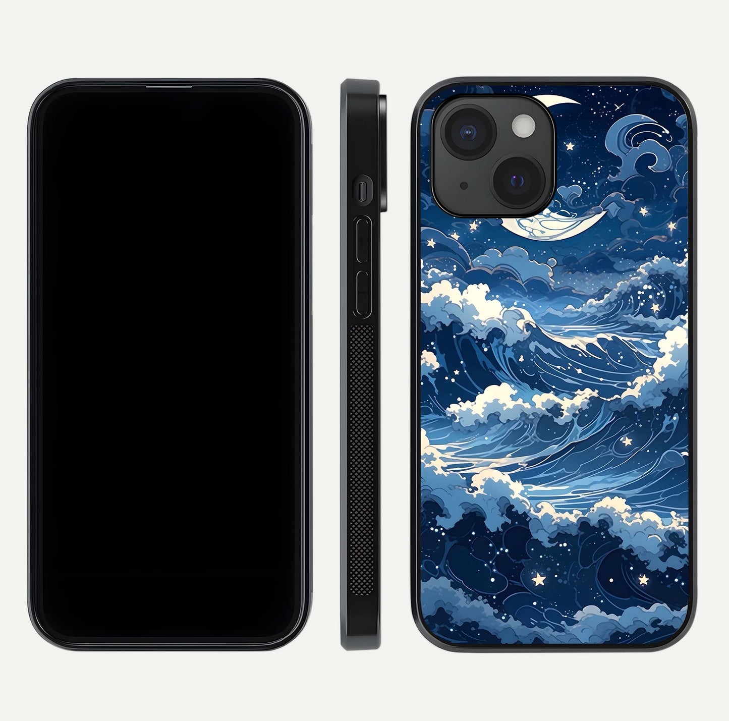 Ocean Moon Waves Glass Case for iPhone 15 front & back layout highlighting water flow and smooth edges